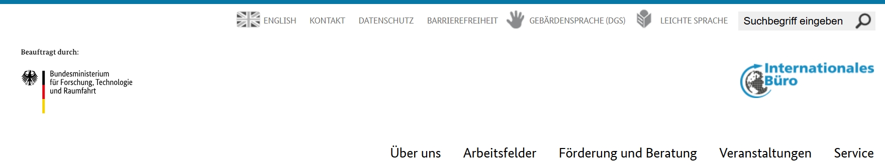 Kopfbereich der Website Internationales Büro