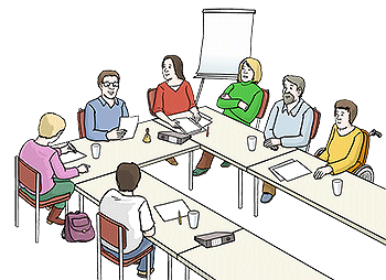 Menschen die an einem Tisch sitzen in einer Besprechung