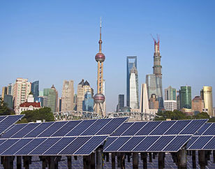 Skyline of Shanghai with photovoltaic systems